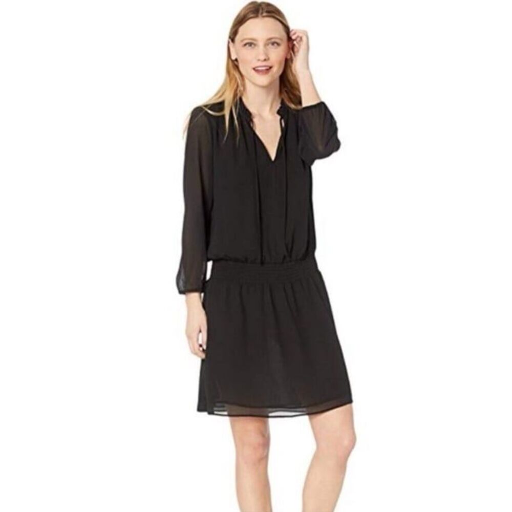 J.Crew Mercantile Black Smocked Tie Front Long Sleeve Dress